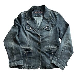 Vintage Contrast Denim Jacket XL • Y2K Button-Up Jean Blazer Classic Medium Wash